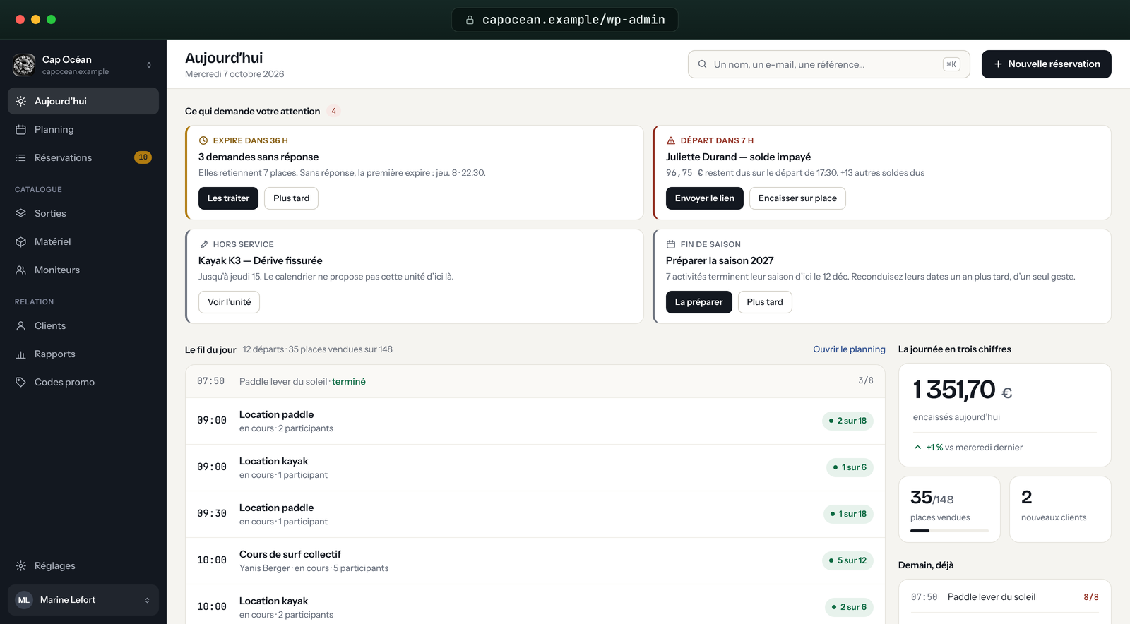 TOP CALENDAR میں WordPress: آج کی اسکرین، جس میں آپ کی توجہ درکار امور، دن کا احوال اور تین اعداد میں دن کی تفصیل شامل ہے۔