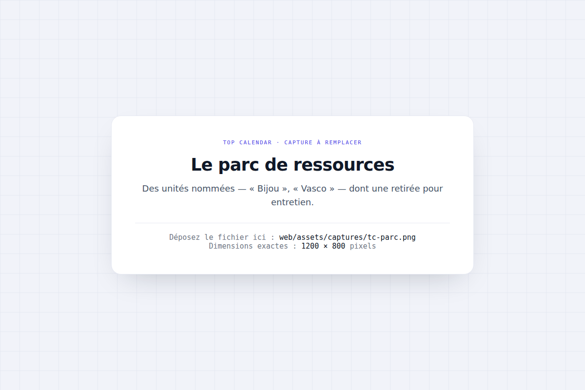 Vos unités nommées, avec leur historique et leur entretien. Une monture retirée cesse d'être proposée sans être supprimée.