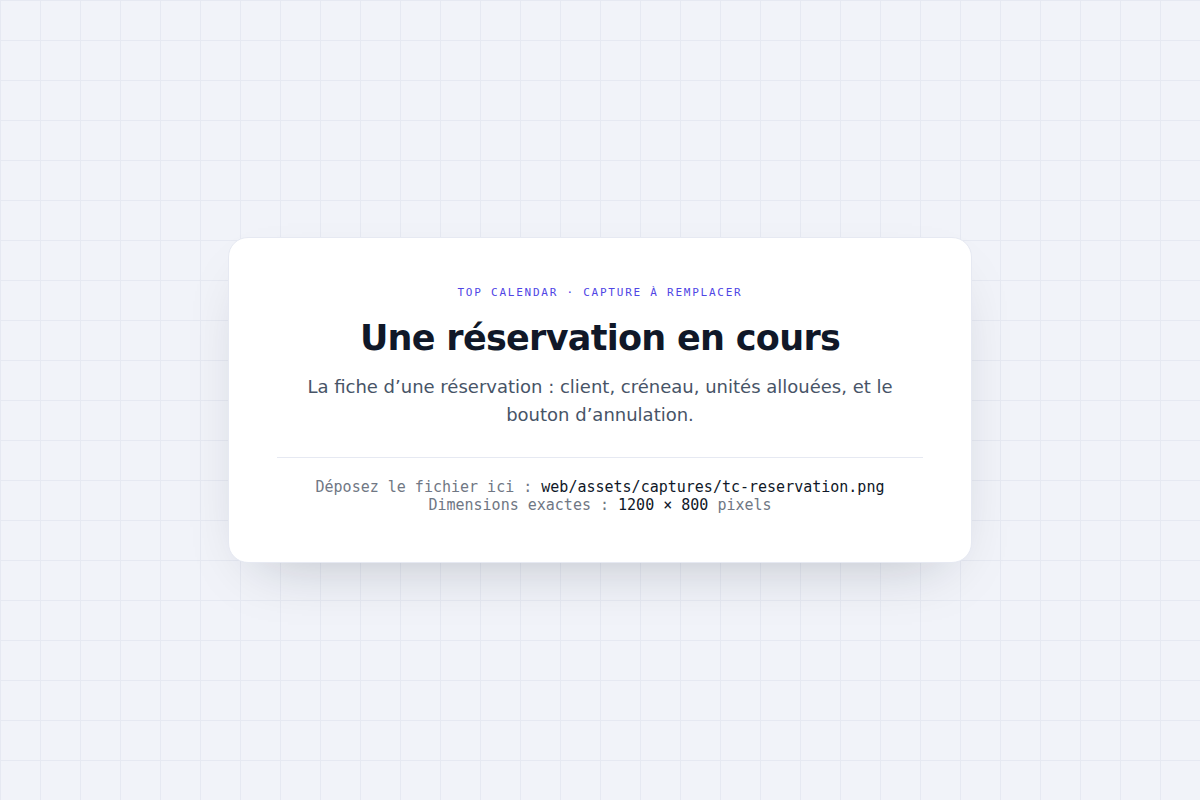 Client, créneau, unités allouées. Et une annulation qui nomme ce qu'elle libère au lieu d'afficher une référence.